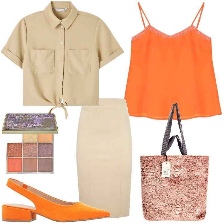 Outfit donna - Calendula. Stile Trendy per Tutti i giorni. Abbinamento con décolleté, ombretti, camicie a manica corta, borse tote, top, gonne.