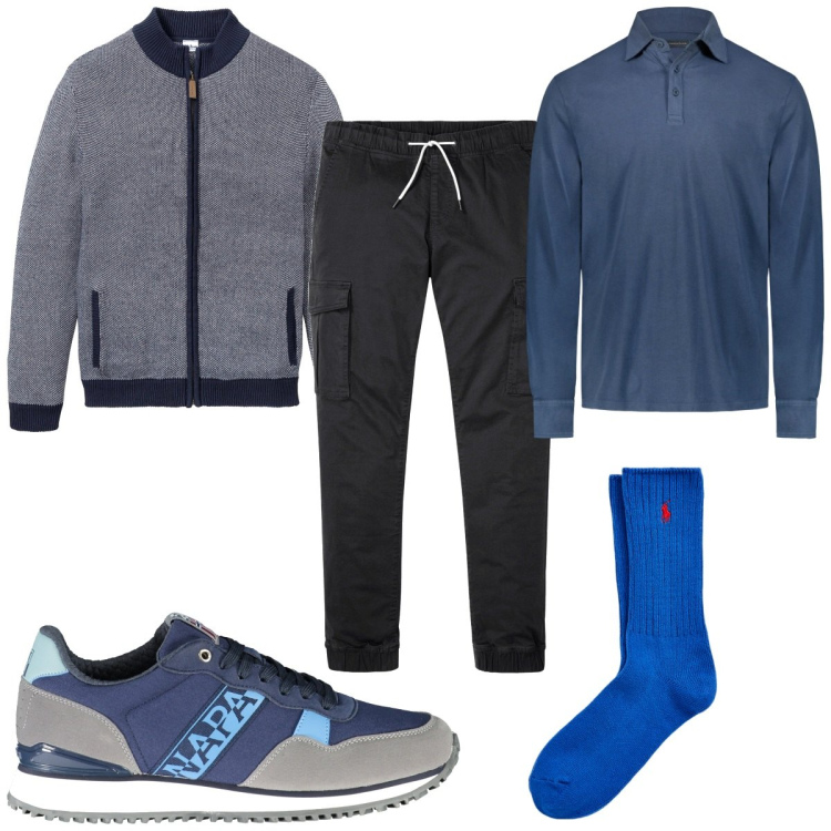 Outfit uomo - Total look #1944088. Stile Casual per Tutti i giorni. Abbinamento con cardigans, pantaloni cargo, calzini, scarpe sportive, polo.