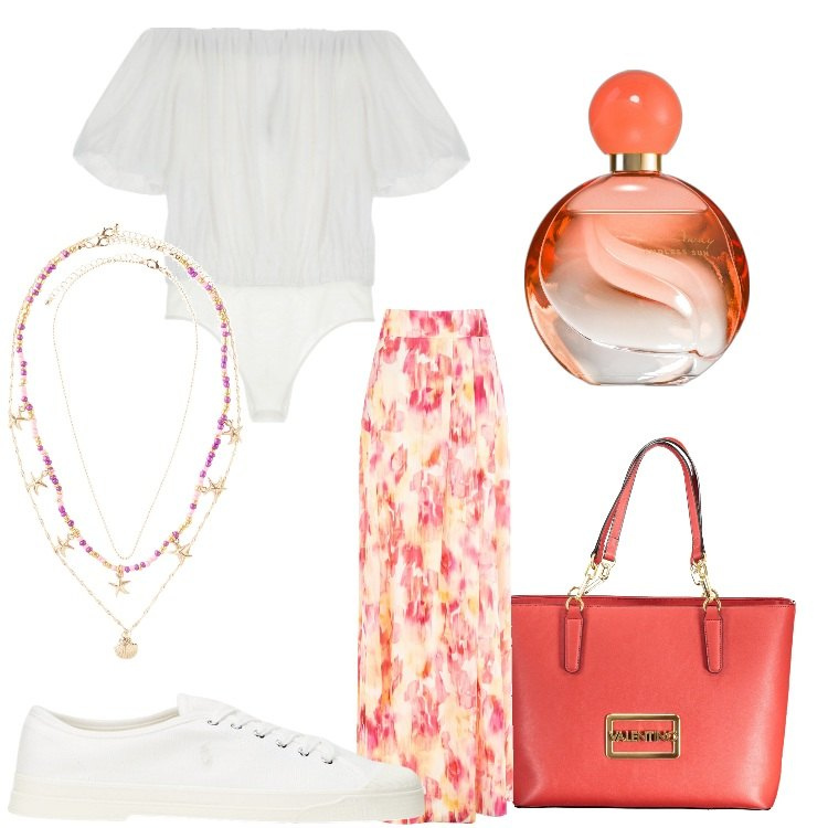 Outfit donna - Romantica. Stile Romantica per Serata fuori. Abbinamento con ciondoli, profumi, gonne lunghe, body, sneakers, borse a spalla.