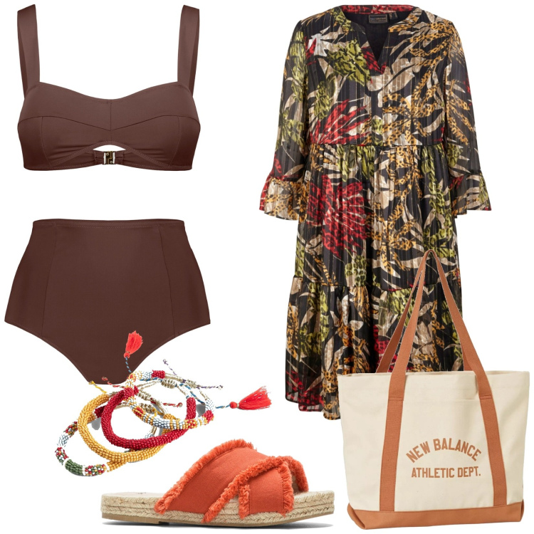 Outfit donna - In spiaggia. Stile Etnico per Mare. Abbinamento con vestiti, ciabatte, braccialetti, borse tote, bikini.