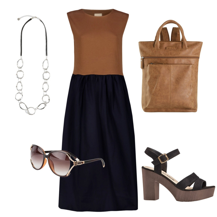 Outfit donna - Al lavoro easy. Stile Casual chic per Ufficio. Abbinamento con zaini, occhiali da sole, sandali col tacco, vestiti midi/longuette, collane.