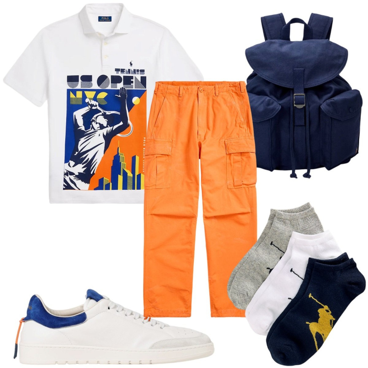Outfit uomo - Total look #1944123. Stile Trendy per Tutti i giorni. Abbinamento con calzini, pantaloni cargo, borse sportive, polo, sneakers.