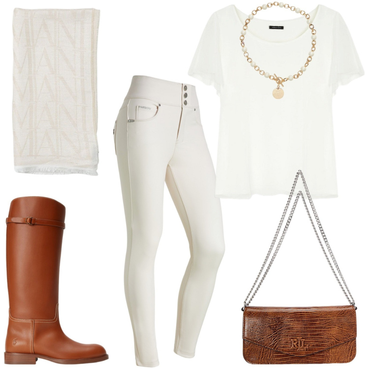 Outfit donna - Cavalcata al tramonto. Stile Urban per Sport. Abbinamento con pantaloni skinny, collane, stivali, borse a spalla, t-shirt, sciarpe.