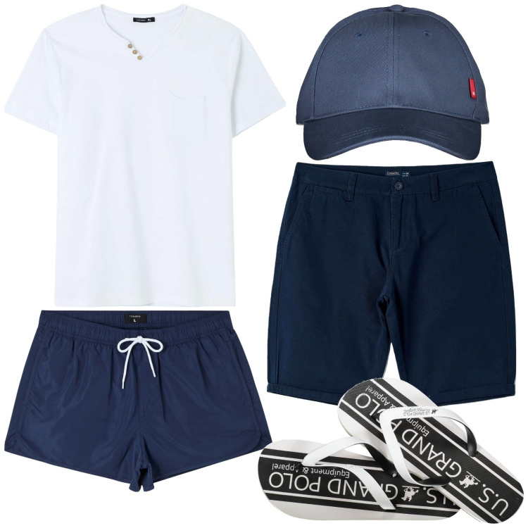 Outfit uomo - Blu per le giornate di mare. Stile Casual per Mare. Abbinamento con costumi, bermuda, t-shirt, cappelli con visiera, sandali.