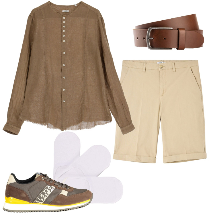 Outfit uomo - Lino leggero. Stile Trendy per Serata speciale. Abbinamento con cinture, bermuda, calzini, camicie, scarpe sportive.