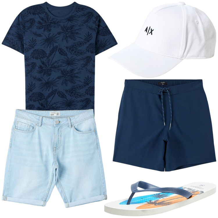 Outfit uomo - Blu navy per il mare. Stile Trendy per Mare. Abbinamento con bermuda, t-shirt, sandali, costumi, cappelli.