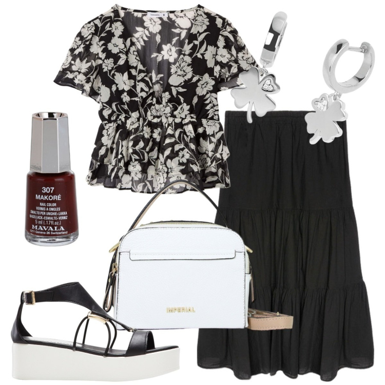 Outfit donna - Bianco e nero romantico. Stile Romantica per Ufficio. Abbinamento con sandali col tacco, smalti, bluse, orecchini, borse a spalla, gonne lunghe.