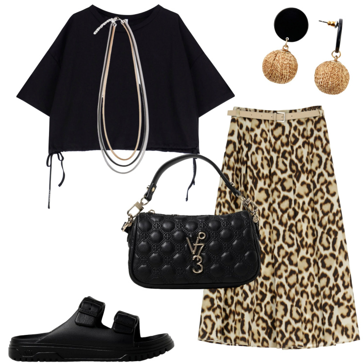 Outfit donna - Gonna animalier. Stile Trendy per Tutti i giorni. Abbinamento con orecchini, gonne longuette, t-shirt, sandali, borse a mano, collane.