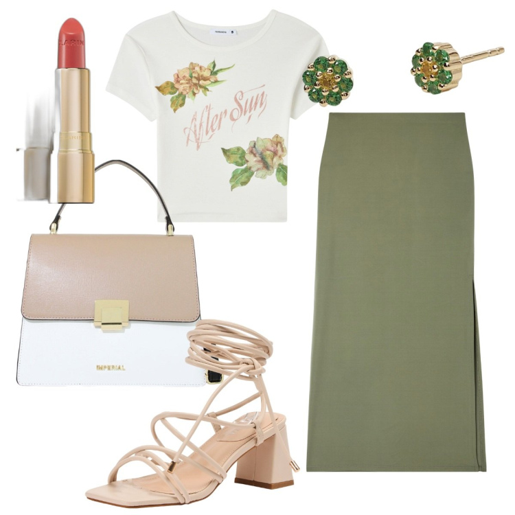 Outfit donna - Fiori. Stile Romantica per Ufficio. Abbinamento con rossetti, gonne lunghe, t-shirt, sandali alla schiava, orecchini, borse a spalla.