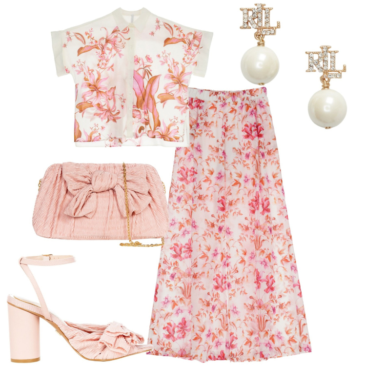 Outfit donna - Panna e rosa. Stile Romantica per Cerimonia. Abbinamento con pochette, sandali col tacco, pantaloni a palazzo, camicie a manica corta, orecchini.