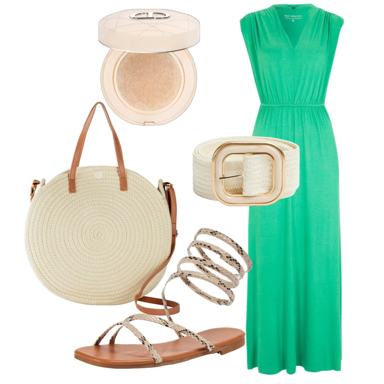 Outfit donna - Verde e Toni Neutri. Stile Casual chic per Tutti i giorni. Abbinamento con vestiti lunghi, borse a tracolla, ciprie, sandali, cinture.