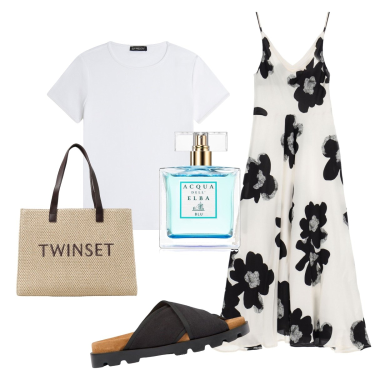Outfit donna - L’acqua profumata per le calde serate. Stile Trendy per Tutti i giorni. Abbinamento con profumi, vestiti midi/longuette, t-shirt, borse tote, sandali.