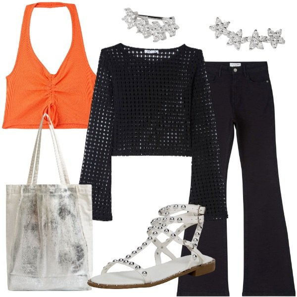 Outfit donna - Terranova - Back To.... Stile Glamour per Serata fuori. Abbinamento con maglieria, jeans a zampa, top, sandali, shopping bag, orecchini.