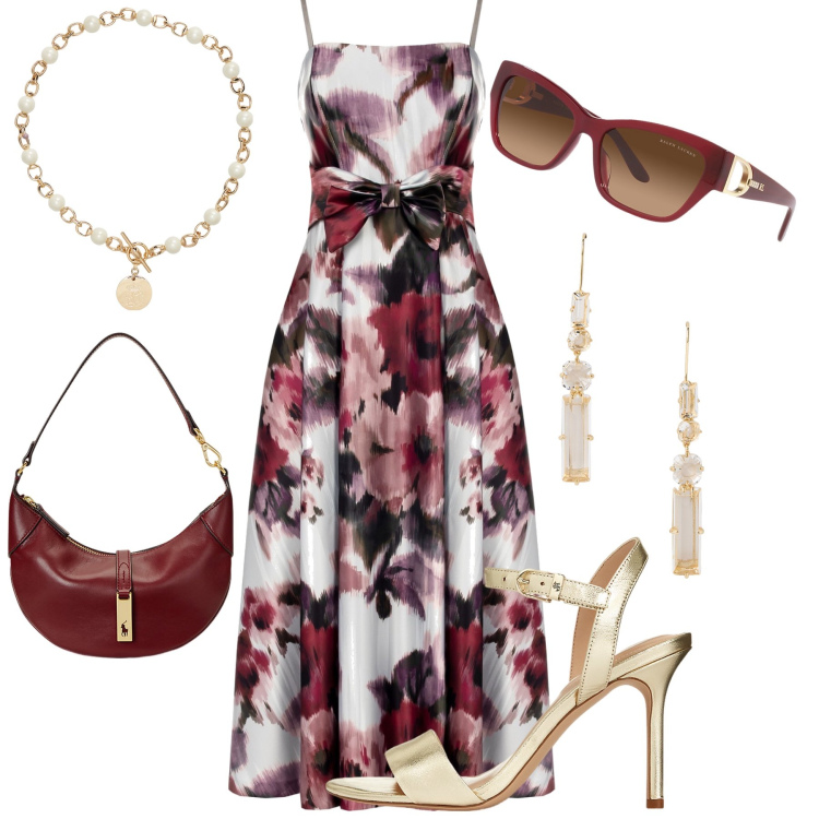Outfit donna - Sofisticata gold. Stile Bon Ton per Cerimonia. look ideale per Petite. Abbinamento con vestiti midi/longuette, collane, sandali in pelle, borse a spalla, orecchini, occhiali da sole.