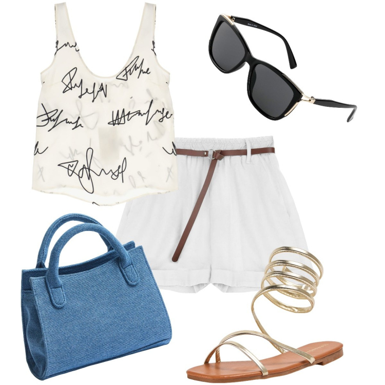 Outfit donna - Casual per l’estate. Stile Casual per Mare. Abbinamento con occhiali da sole, sandali, borse a tracolla, shorts, top.