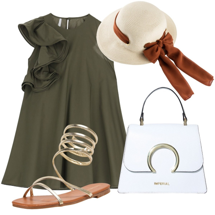 Outfit donna - Trendy per l’estate. Stile Trendy per Mare. Abbinamento con cappelli, sandali, vestiti corti, borse a spalla.