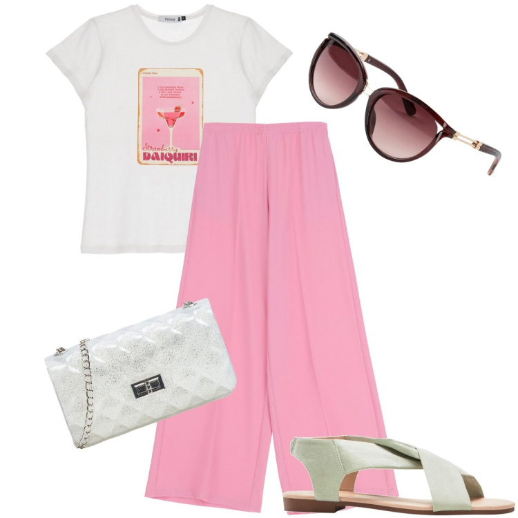 Outfit donna - Aperitivo trendy. Stile Trendy per Serata fuori. Abbinamento con occhiali da sole, sandali, borse a tracolla, t-shirt, pantaloni.