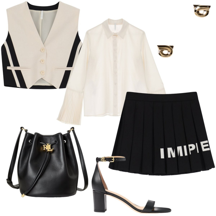 Outfit donna - Il completo di Imperial. Stile Preppy per Serata fuori. Abbinamento con camicie, minigonne, gilet, sandali in pelle, borse a secchiello, orecchini.