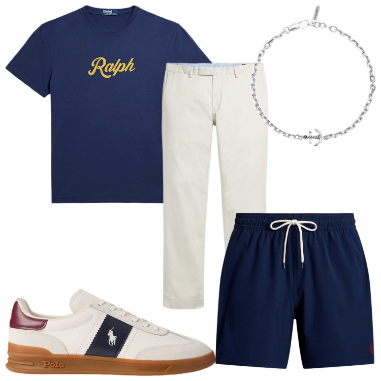 Outfit uomo - Bianco e blu navy. Stile Urban per Mare. Abbinamento con braccialetti, costumi, t-shirt, pantaloni chino, sneakers.