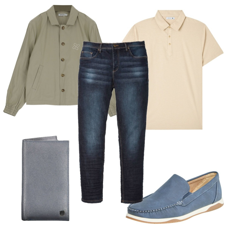 Outfit uomo - In ufficio con i jeans. Stile Casual per Ufficio. Abbinamento con jeans slim fit, scarpe stringate, polo, giacche, portafogli.