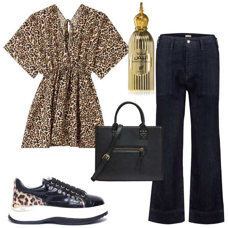 Outfit donna - New collection. Stile Trendy per Serata fuori. Abbinamento con profumi, shopping bag, caftani, sneakers, jeans dritti.