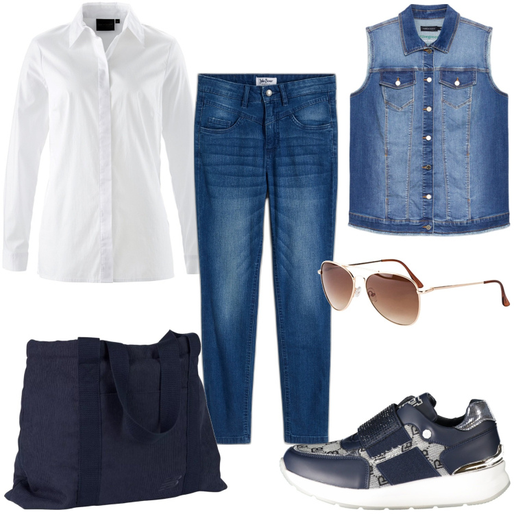 Outfit donna - Settembre casual. Stile Casual per Tutti i giorni. Abbinamento con camicie, occhiali da sole, jeans skinny, borse tote, sneakers, gilet.