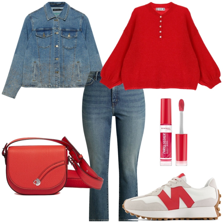 Outfit donna - Primi giornate fresche. Stile Casual per Tutti i giorni. Abbinamento con gloss, sneakers, maglieria, jeans dritti, borse a tracolla, blazer.