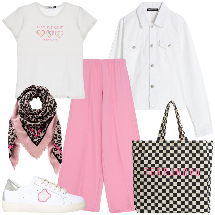 Outfit donna - Rientro all\'università. Stile Trendy per Tutti i giorni. Abbinamento con foulard, shopping bag, t-shirt, pantaloni, sneakers, blazer.