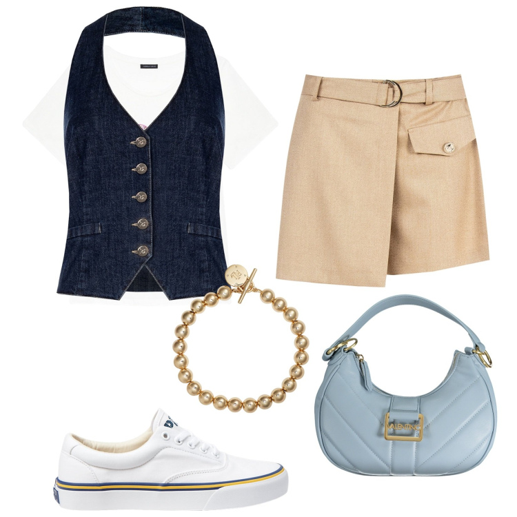 Outfit donna - Total look #1944341. Stile Casual Abbinamento con shorts, gilet, braccialetti, sneakers, t-shirt, borse a spalla.
