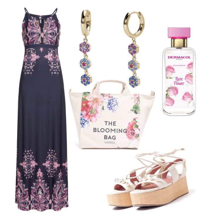 Outfit donna - Fleurs. Stile Boho per Serata fuori. Abbinamento con vestiti, profumi, orecchini, sandali col tacco, borse tote.