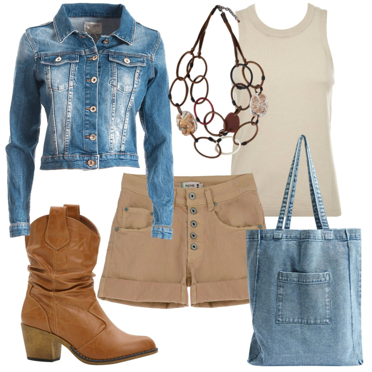 Outfit donna - Texani & casual. Stile Casual per Tutti i giorni. Abbinamento con stivaletti texani, shopping bag, blazer, shorts, top, collane.
