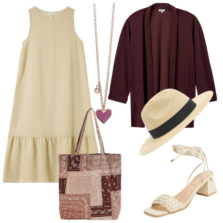 Outfit donna - Vacanze a settembre. Stile Boho per Tutti i giorni. Abbinamento con vestiti lunghi, cappelli, blazer, shopping bag, sandali alla schiava, collane.