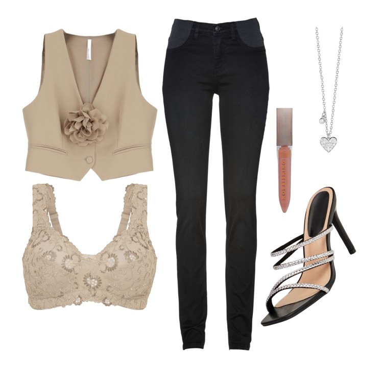 Outfit donna - Sotto il vestito nero e beige..... Stile Casual chic per Serata fuori. Abbinamento con jeans skinny, reggiseni, gloss, sandali col tacco, collane, gilet.