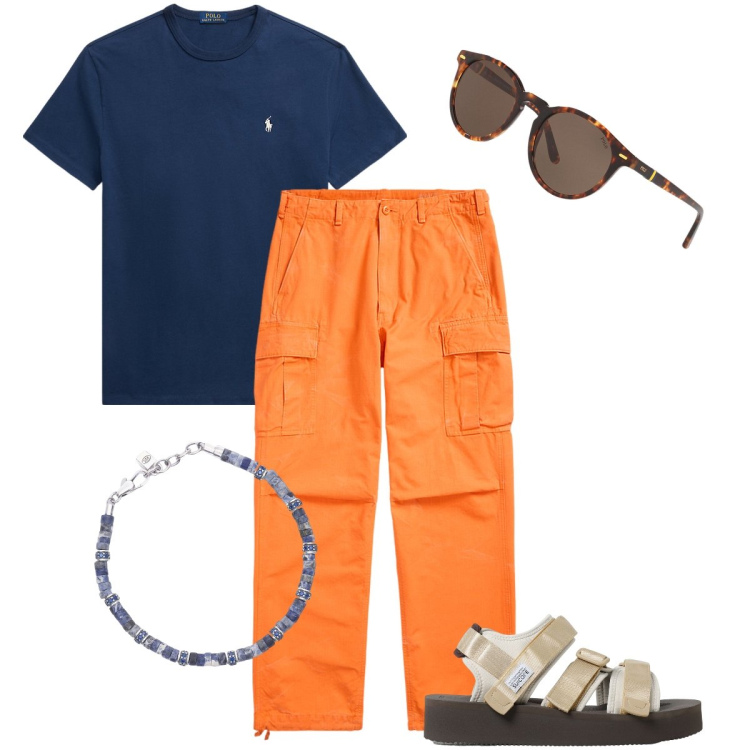 Outfit uomo - Blu navy per i look di mare. Stile Casual per Mare. Abbinamento con braccialetti, t-shirt, occhiali da sole, pantaloni cargo, sandali.