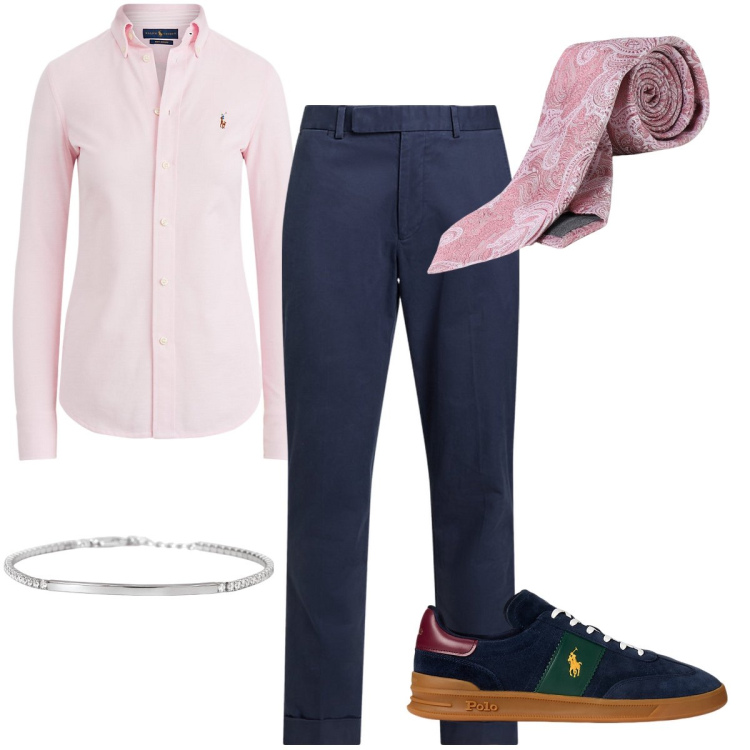 Outfit uomo - In ufficio ad agosto. Stile Business/Elegante per Ufficio. Abbinamento con braccialetti, sneakers, pantaloni chino, camicie, cravatte.