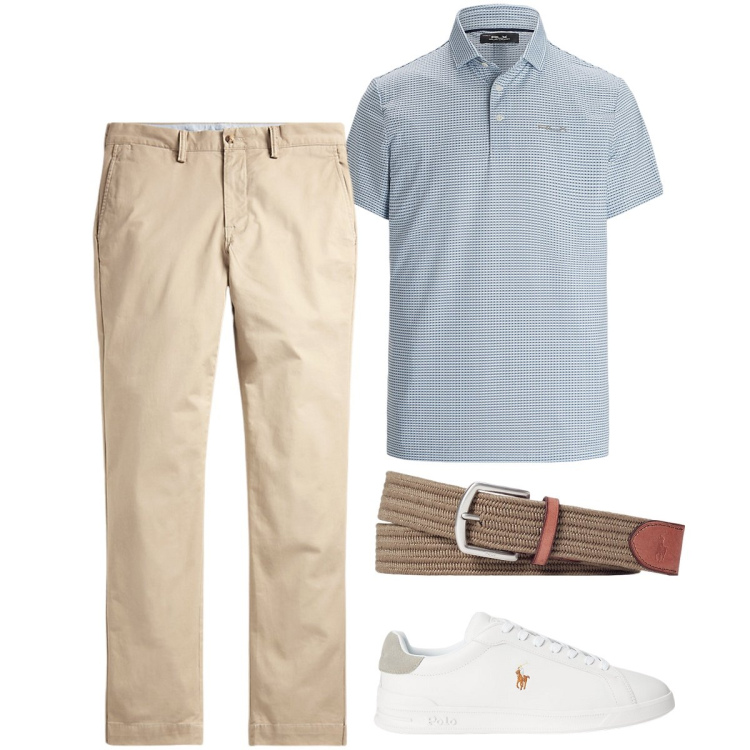 Outfit uomo - Lavorare ad agosto. Stile Urban per Ufficio. Abbinamento con cinture, pantaloni, sneakers, polo.