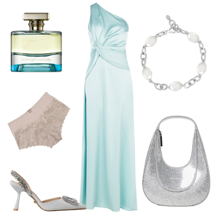 Outfit donna - Cerimonia. Stile Chic per Cerimonia. Abbinamento con culotte, profumi, braccialetti, vestiti lunghi, scarpe col tacco, borse a spalla.