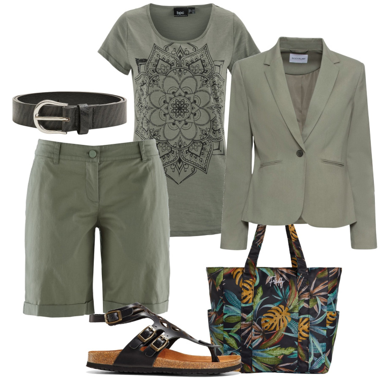 Outfit donna - In ufficio casual con bermuda e blazer. Stile Casual per Ufficio. Abbinamento con blazer, t-shirt, sandali in pelle, bermuda, cinture, shopping bag.