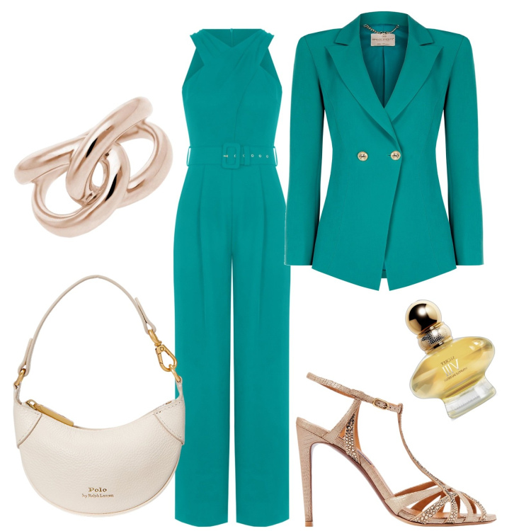 Outfit donna - Total look #1944407. Stile Chic per Cerimonia. look ideale per Tall. Abbinamento con profumi, anelli, tute, blazer, sandali in pelle, portafogli.
