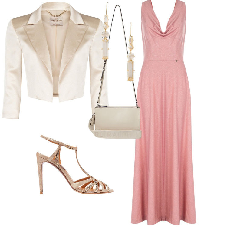 Outfit donna - Total look #1944414. Stile Bon Ton per Cerimonia. Abbinamento con bolero, vestiti lunghi, sandali in pelle, borse a tracolla, orecchini.