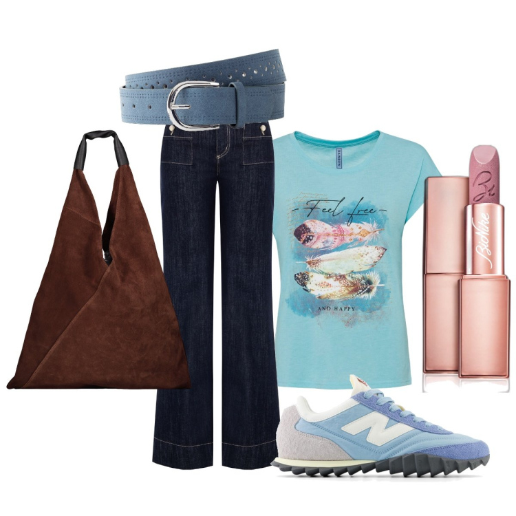 Outfit donna - Casual per tutto il giorno. Stile Casual per Tutti i giorni. Abbinamento con cinture, t-shirt, rossetti, sneakers, jeans, borse a spalla.