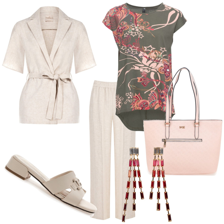 Outfit donna - Total look #1944432. Stile Casual chic per Tutti i giorni. Abbinamento con orecchini, maglieria, blazer, pantaloni, ciabatte, borse a spalla.
