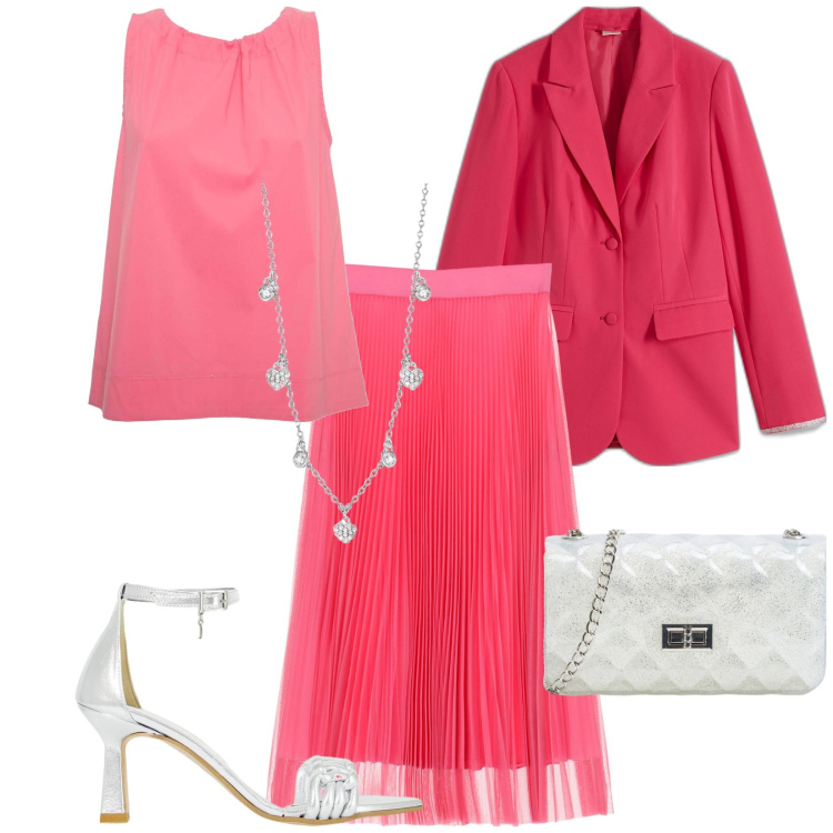 Outfit donna - Trend estivo. Stile Chic per Serata fuori. look ideale per Tall. Abbinamento con blazer, borse a tracolla, collane, gonne longuette, décolleté, top.