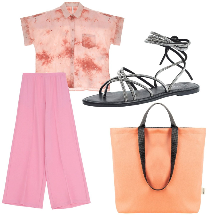 Outfit donna - Colori vivaci. Stile Casual chic per Tutti i giorni. Abbinamento con sandali alla schiava, borse tote, camicie a manica corta, pantaloni.