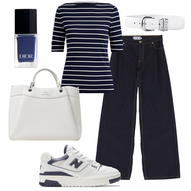 Outfit donna - Bianco e navy in città. Stile Trendy per Tutti i giorni. Abbinamento con cinture, smalti, sneakers, jeans, maglieria, borse tote.