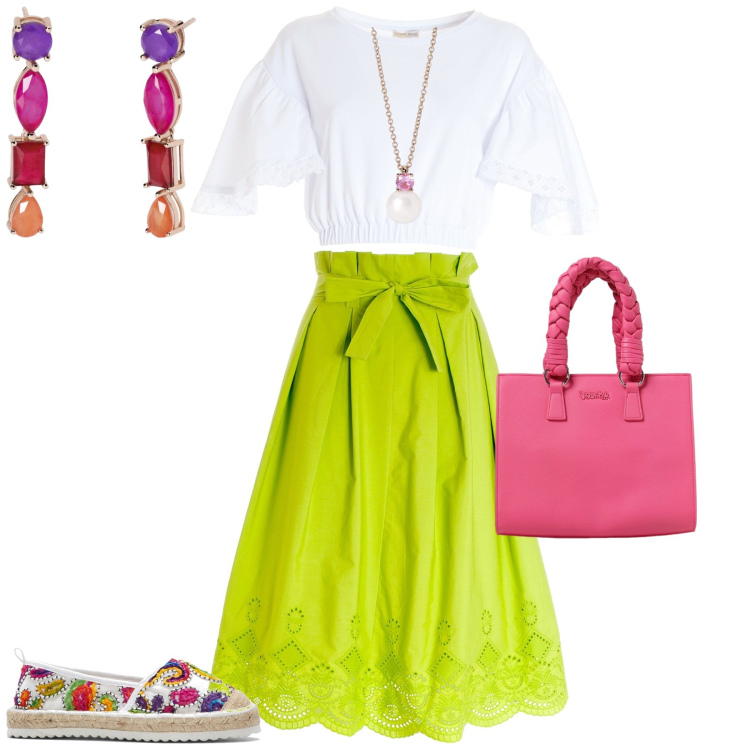 Outfit donna - Total look #1944469. Stile Boho per Tutti i giorni. Abbinamento con espadrillas, orecchini, collane, top, gonne longuette, borse a mano.