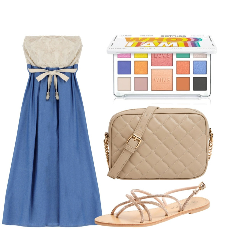 Outfit donna - Vacanze culturali. Stile Preppy per Mare. Abbinamento con ombretti, sandali, borse a tracolla, vestiti lunghi.