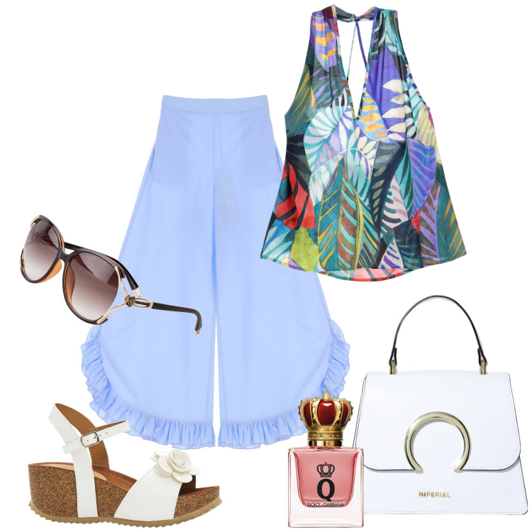 Outfit donna - Total look #1944471. Stile Casual chic per Serata fuori. Abbinamento con sandali, occhiali da sole, profumi, top, pantaloni a palazzo, borse a spalla.