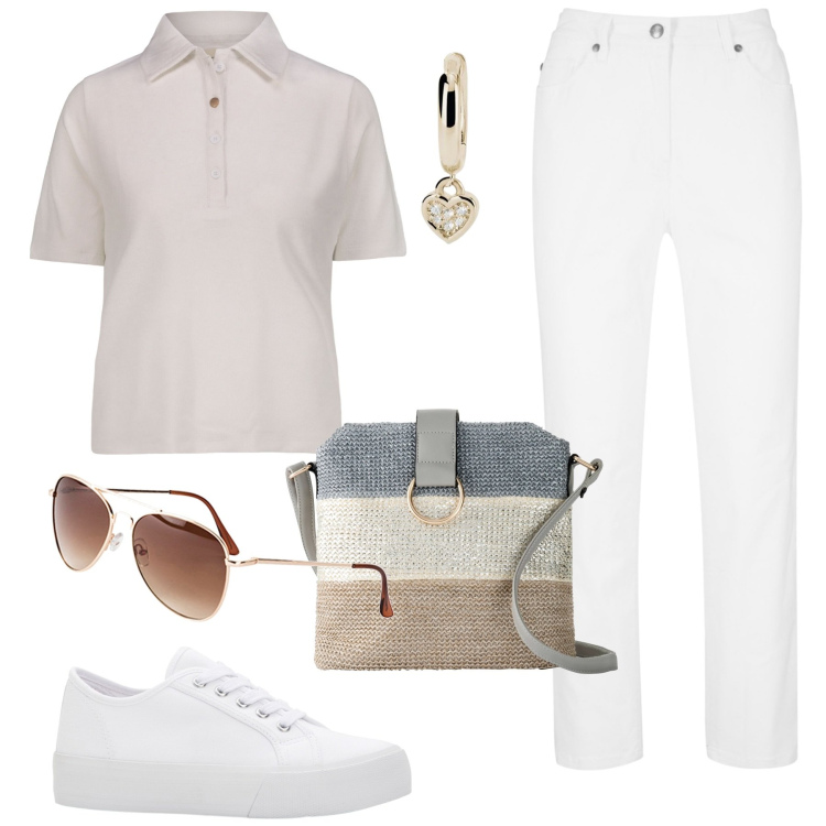 Outfit donna - Stile casual. Stile Casual per Tutti i giorni. Abbinamento con pantaloni, sneakers, occhiali da sole, borse a tracolla, orecchini, polo.