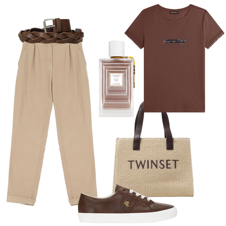 Outfit donna - Sabbia, testa di moro, pelle e rafia !. Stile Trendy per Tutti i giorni. Abbinamento con profumi, pantaloni chino, cinture, t-shirt, sneakers, borse a mano.